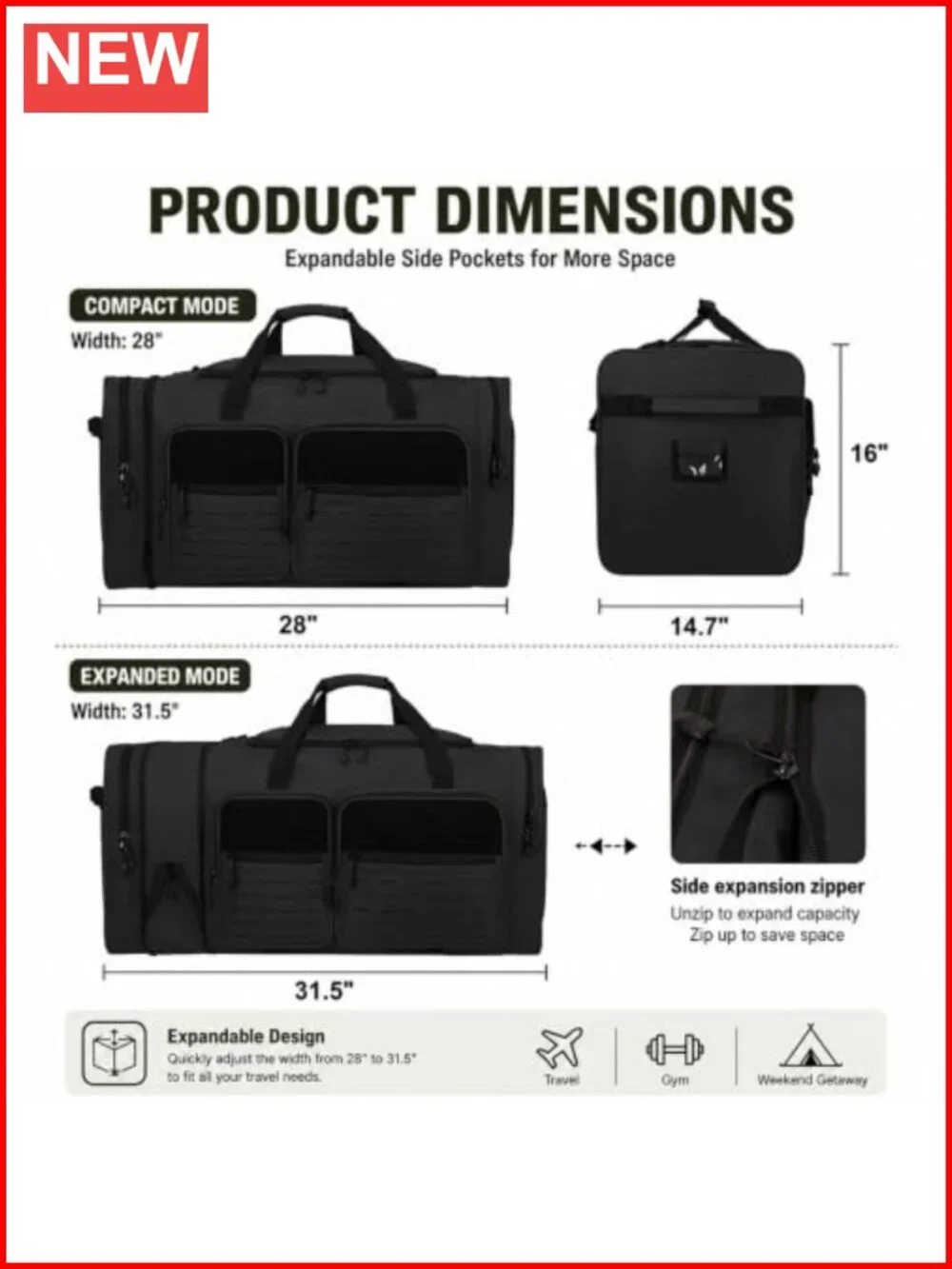 Extra Large Tactical Travel Duffle Bag with Shoe Compartment, Waterproof